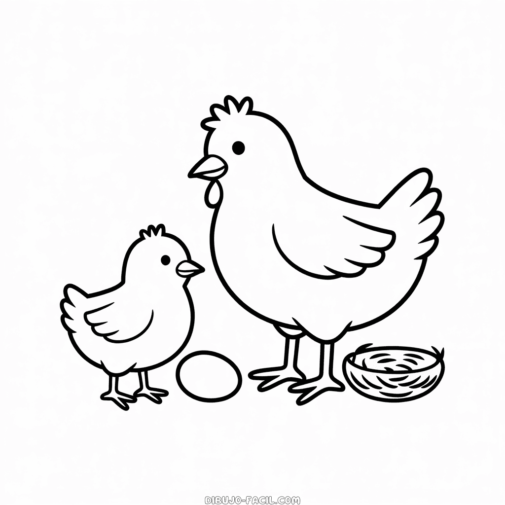 Dibujo Fácil de Pollito y Gallina