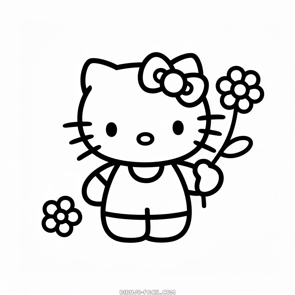 Dibujo Fácil de Hello Kitty Sosteniendo una Flor