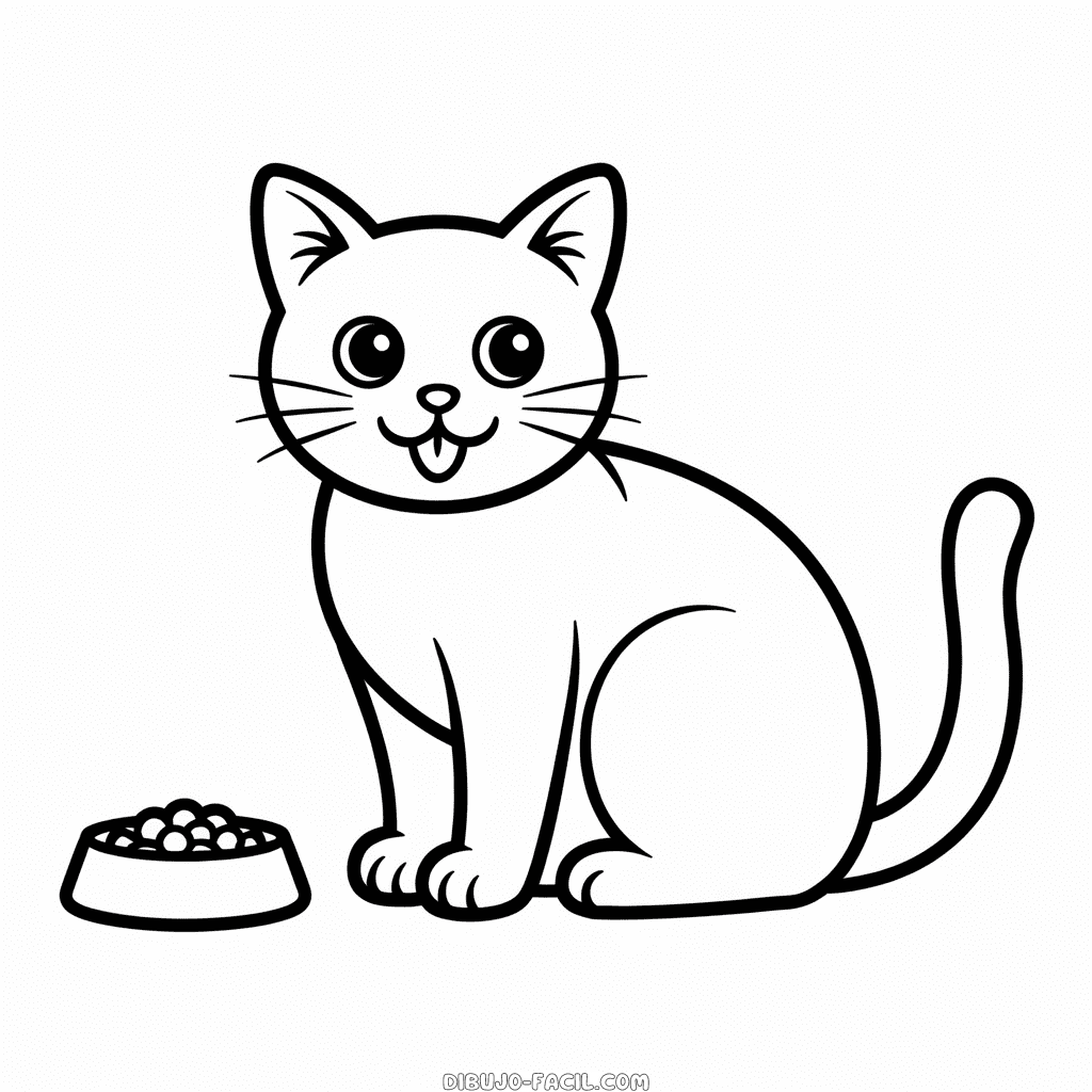 Dibujo Fácil de Gato Comiendo Comida