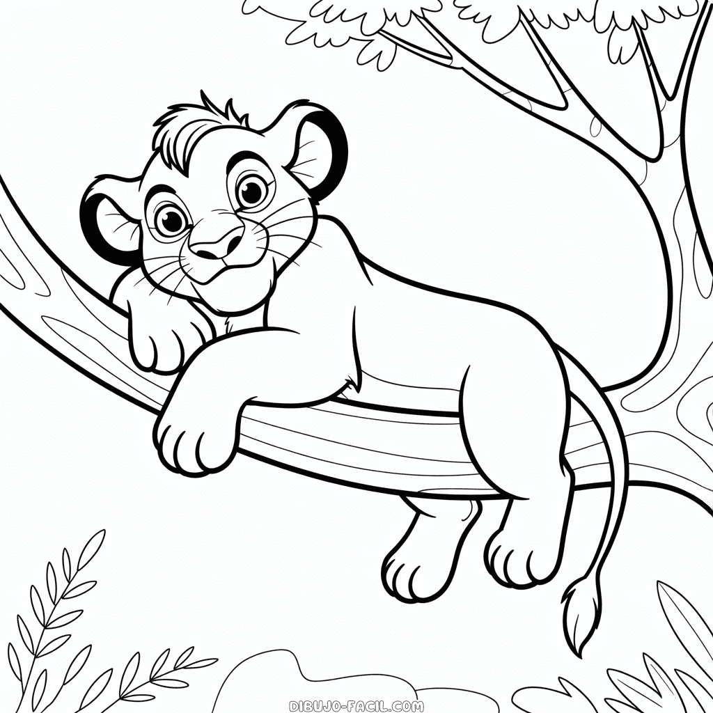 Dibujo Fácil de El Rey León Simba en un Árbol
